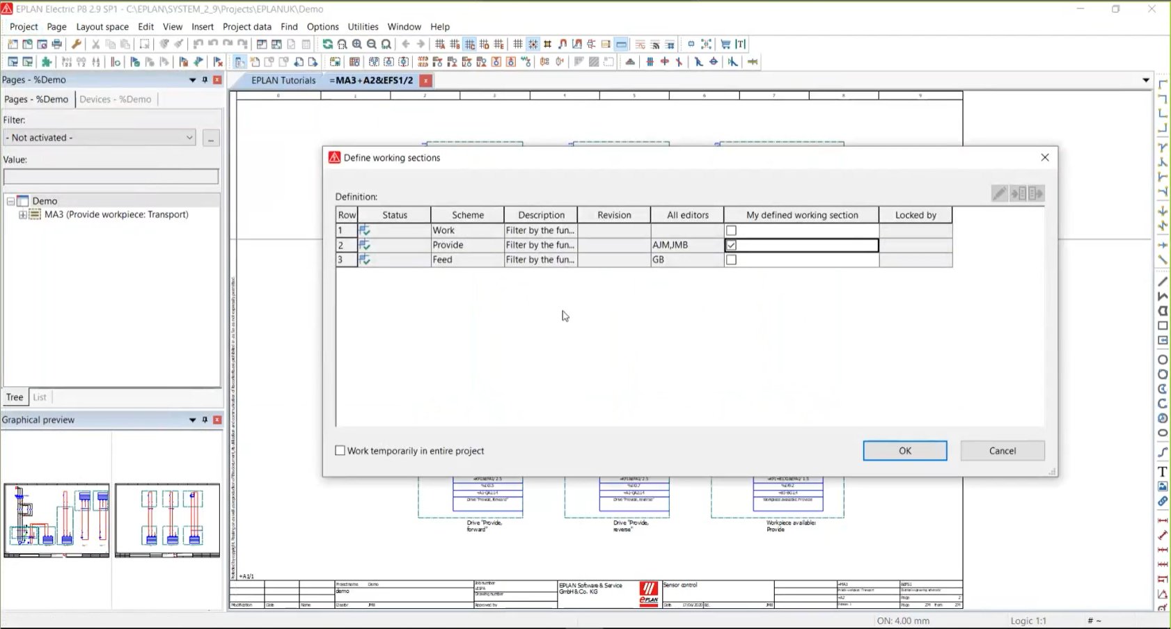 Define working sections as a project administrator.