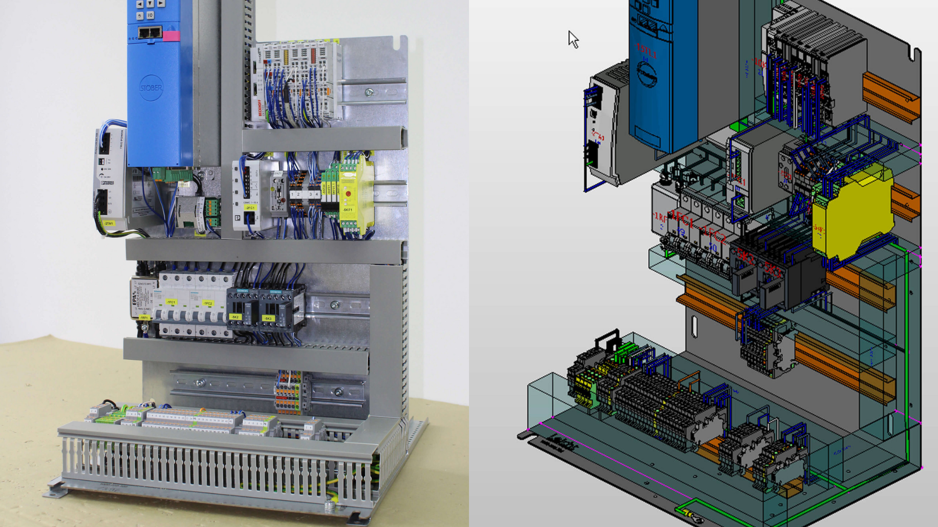 An electrical panel next to its digital twin counterpart.